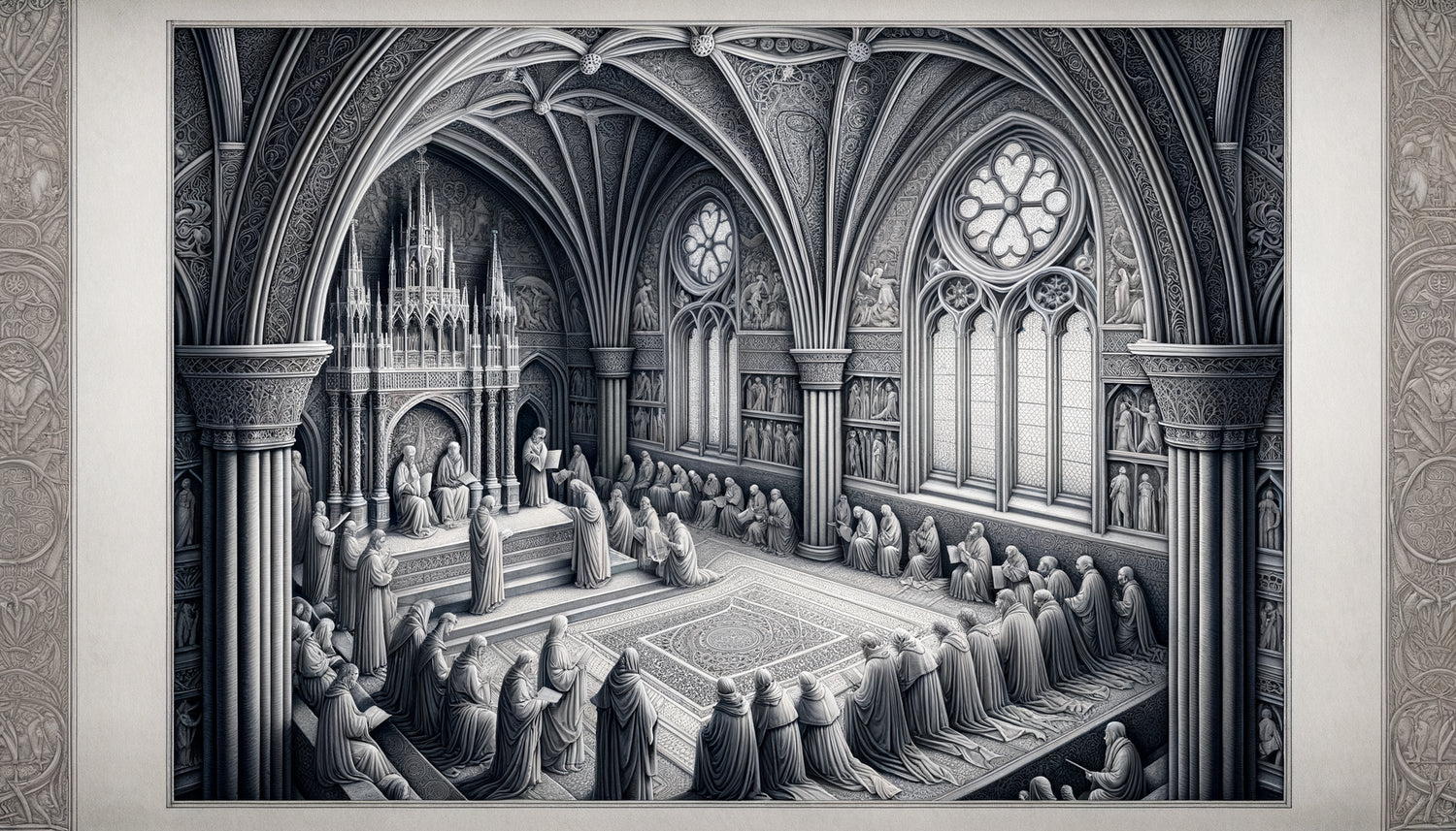 Enluminure médiévale en grisaille du 14ème siècle, technique monochrome sophistiquée aux nuances de gris raffinées