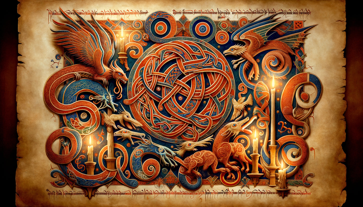 Enluminure médiévale irlandaise montrant entrelacs celtiques et animaux stylisés d'influence viking et chrétienne