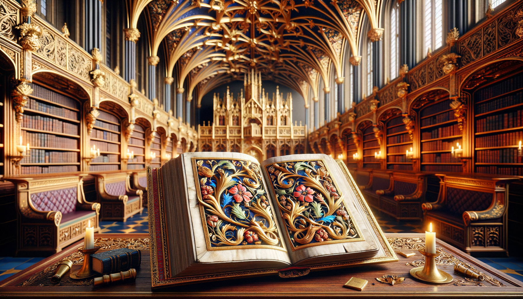 Manuscrit enluminé médiéval ouvert dans bibliothèque royale Renaissance, détails dorés et architecture inspirée des enluminures