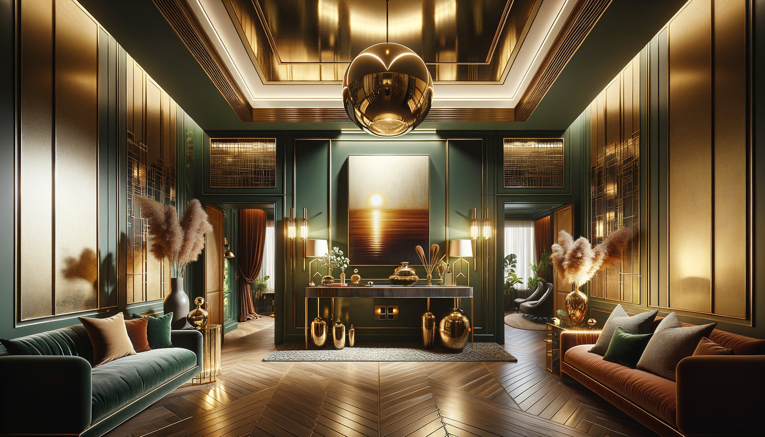 Hall d'entrée européen luxueux avec éclairage stratégique, mur coloré émeraude et œuvre d'art contemporaine impactante
