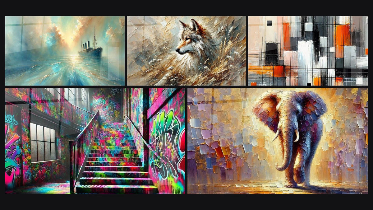 Mosaic of five paintings, including Heart of the Breeze, Street Art Wall Art N°5 and Echo of the Forest