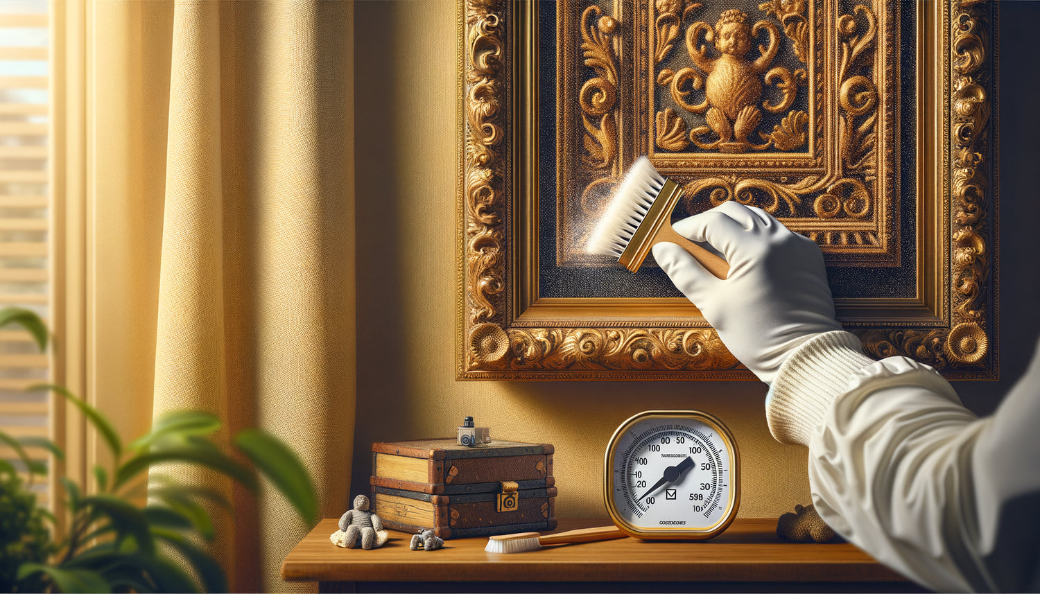 Entretien délicat d'un tableau avec pinceau doux dans une chambre, hygromètre visible, geste de conservation domestique