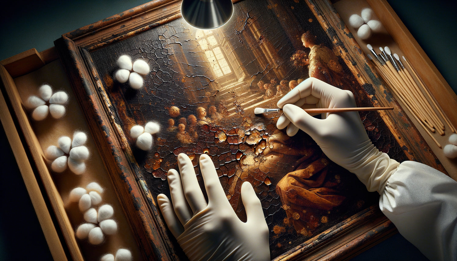 Mains gantées d'un restaurateur nettoyant délicatement un tableau à l'huile ancien avec craquelures visibles