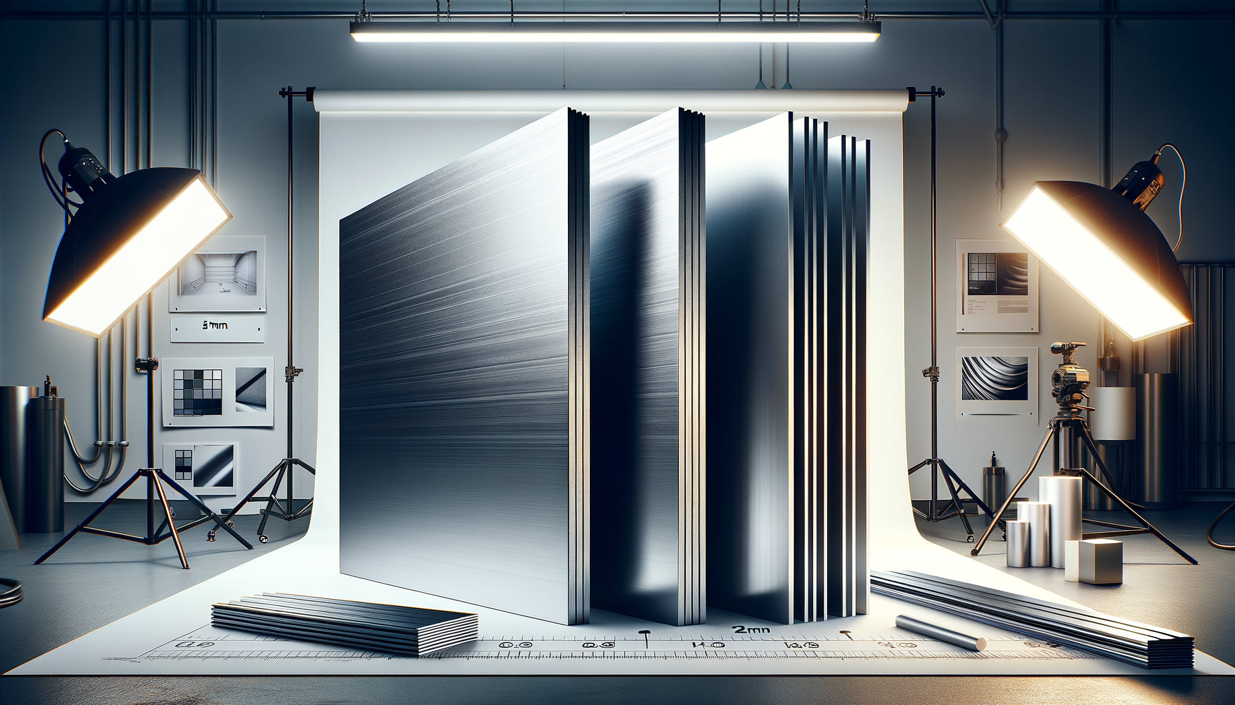 Comparaison de panneaux aluminium pour impression sublimée : trois épaisseurs différentes montrant déformations versus rigidité parfaite