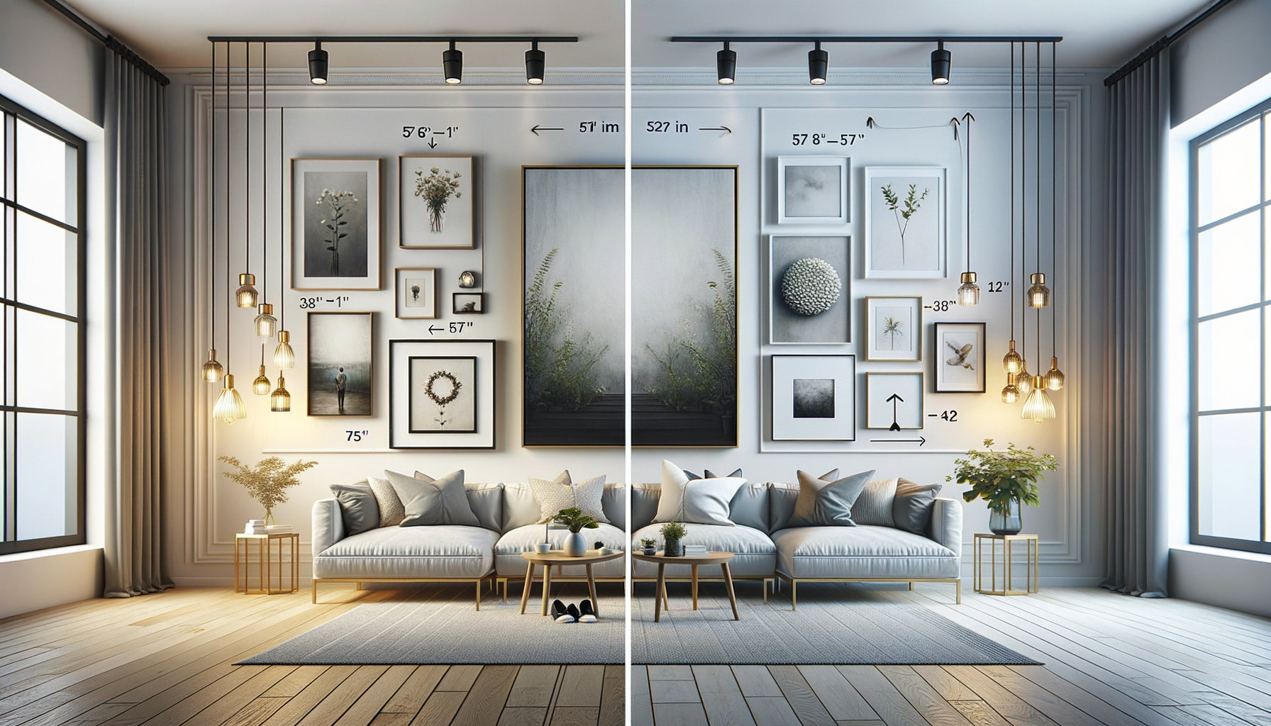 Comparaison photographique montrant erreurs courantes d'accrochage de tableaux versus installation correcte dans intérieur contemporain