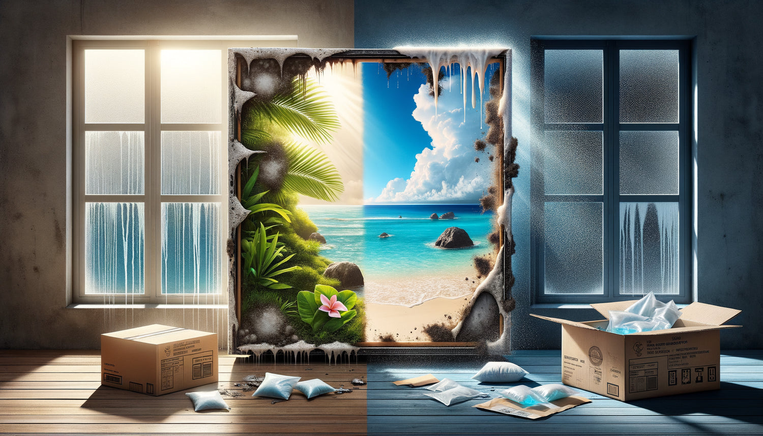 Comparaison visuelle entre tableau endommagé par l'humidité tropicale et œuvre correctement protégée pour livraison DOM-TOM