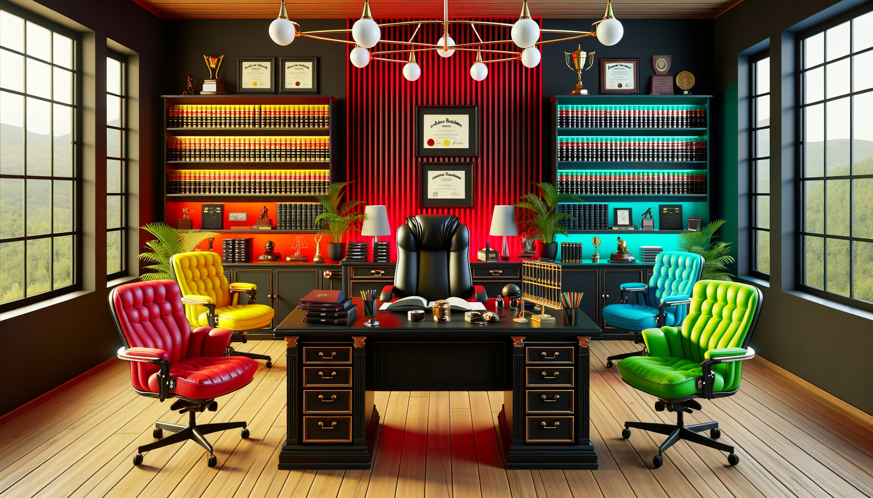 Cabinet d'avocat pénaliste moderne avec palette de couleurs inappropriée mur rouge vif et mobilier noir excessif