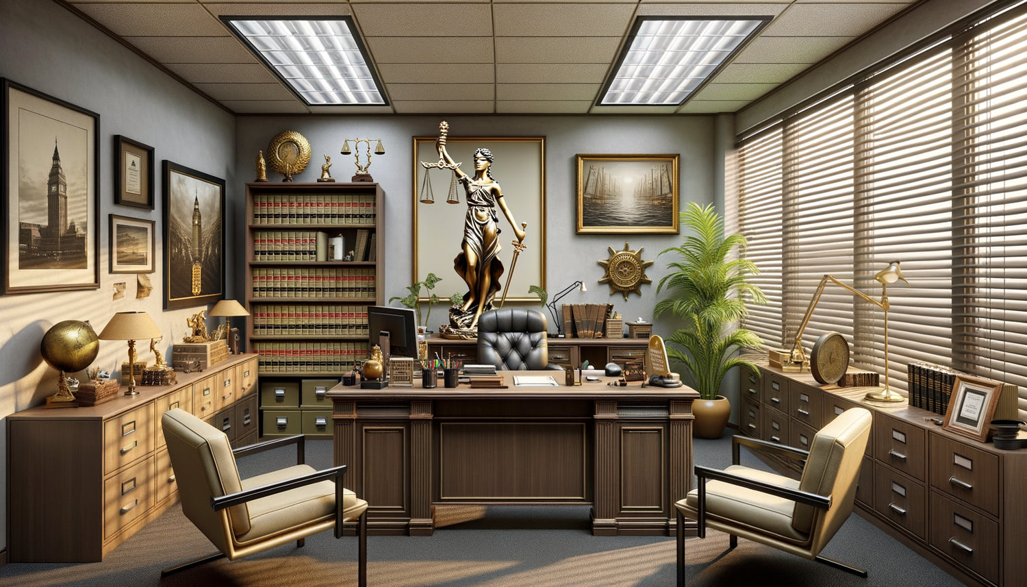 Bureau d'avocat montrant les erreurs décoratives typiques : reproductions juridiques bas de gamme et symbolisme excessif