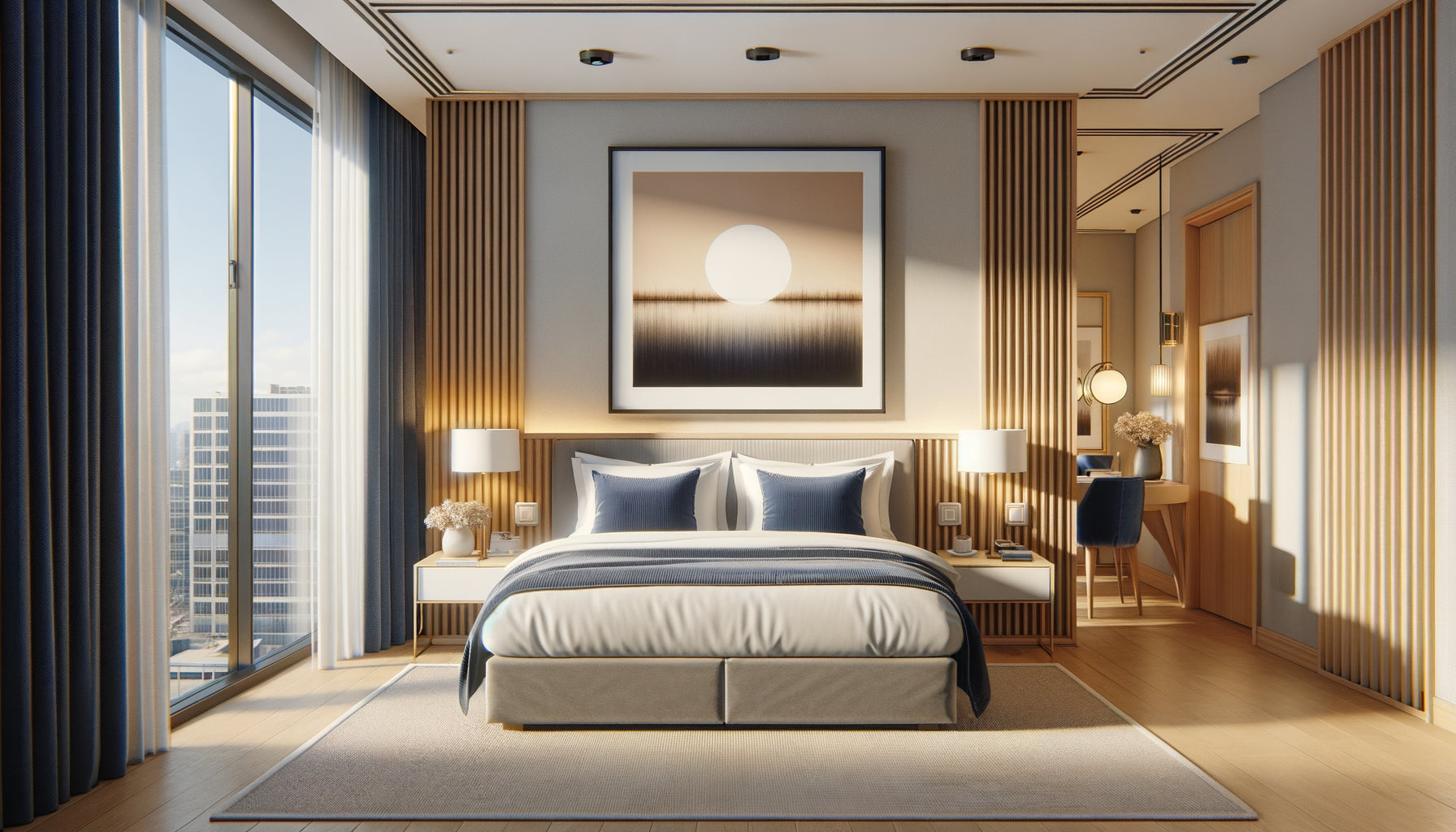 Chambre d'hôtel moderne avec tableau mural disproportionné illustrant erreur fréquente de choix et d'échelle en décoration hôtelière