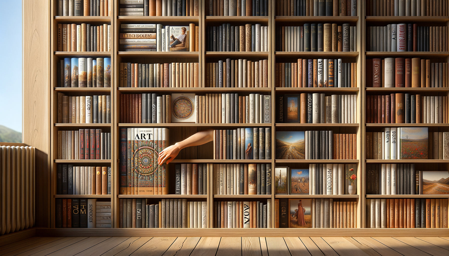 Étagère de bibliothèque avec espacement de 50 cm entre niveaux, grands livres d'art rangés verticalement avec espace de manipulation confortable