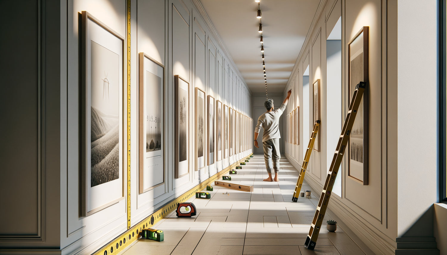 Couloir résidentiel avec plusieurs tableaux espacés uniformément sur le mur, outils de mesure visibles pour accrochage précis