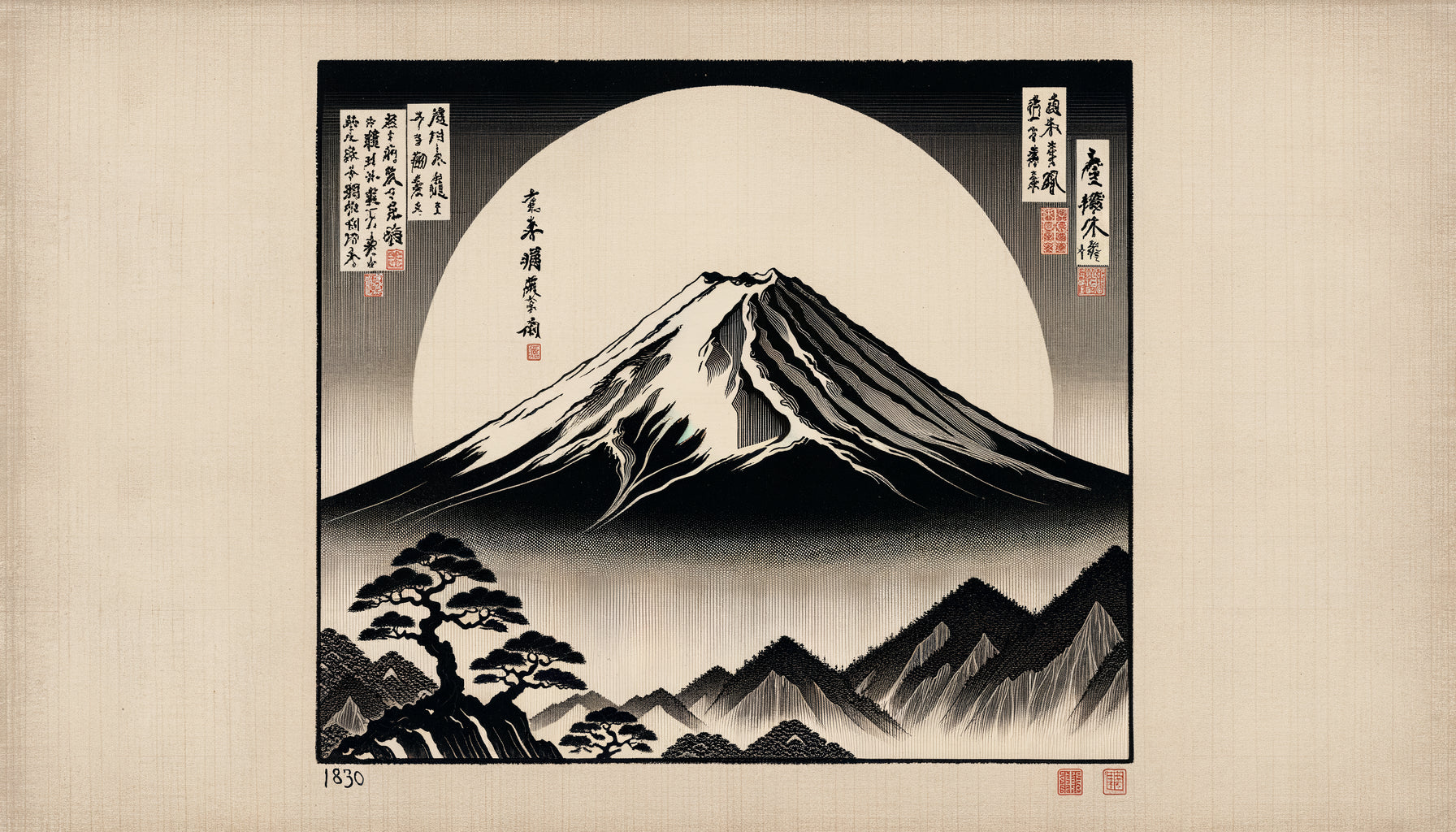 Estampe japonaise d'Hokusai en noir et blanc, époque Edo, lignes épurées et composition minimaliste caractéristiques