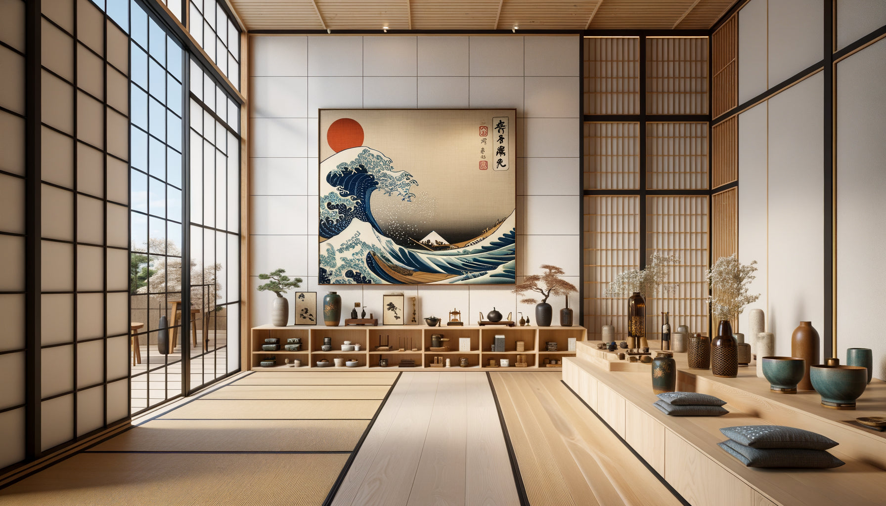 Estampe ukiyo-e traditionnelle japonaise exposée dans une boutique contemporaine minimaliste, dialogue entre art ancien et design moderne