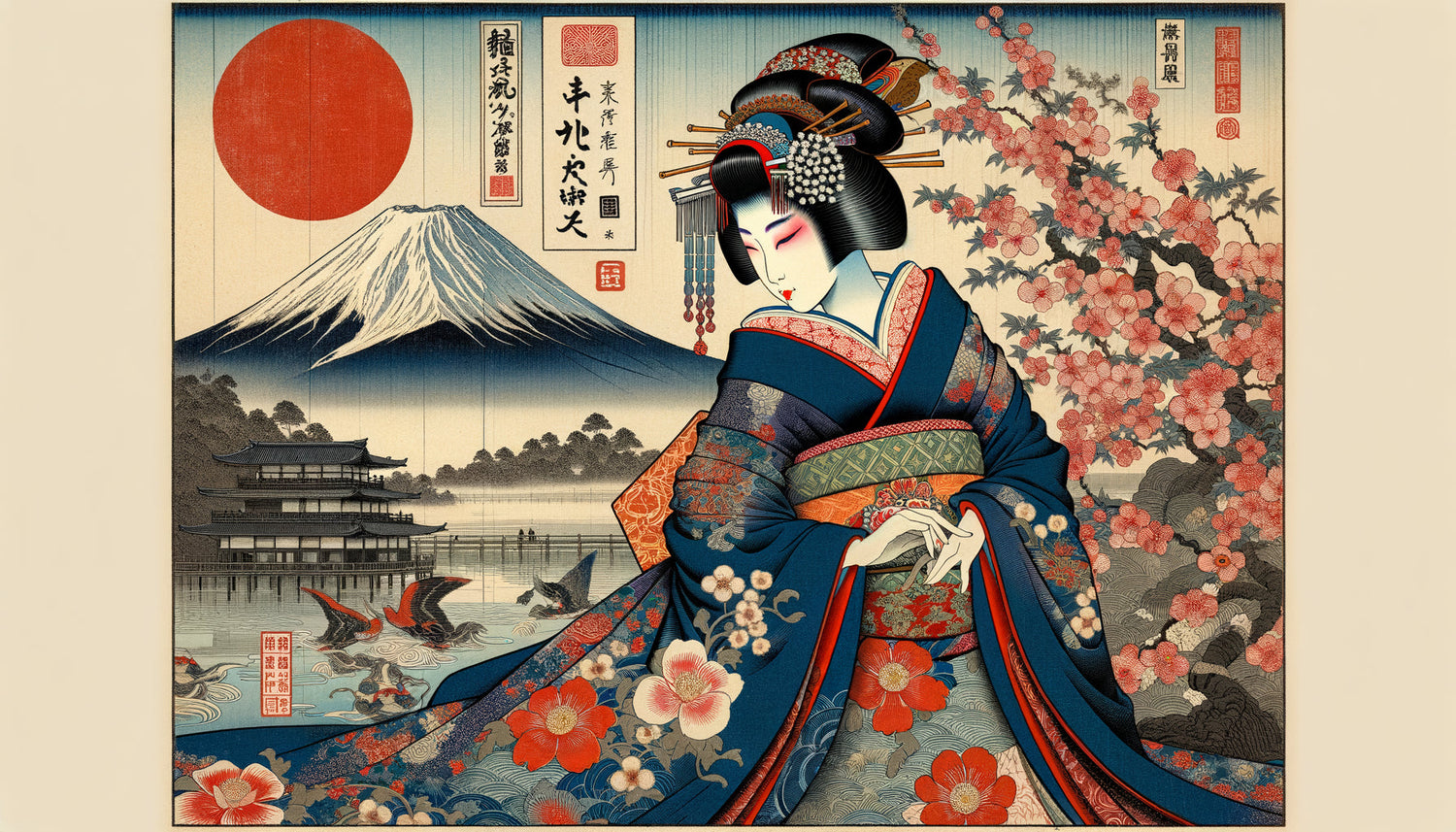 Estampe ukiyo-e japonaise authentique années 1860 avec geisha, compositions audacieuses et couleurs vibrantes caractéristiques du japonisme
