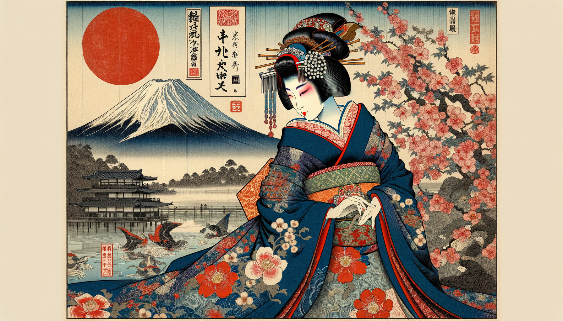 Estampe ukiyo-e japonaise authentique années 1860 avec geisha, compositions audacieuses et couleurs vibrantes caractéristiques du japonisme