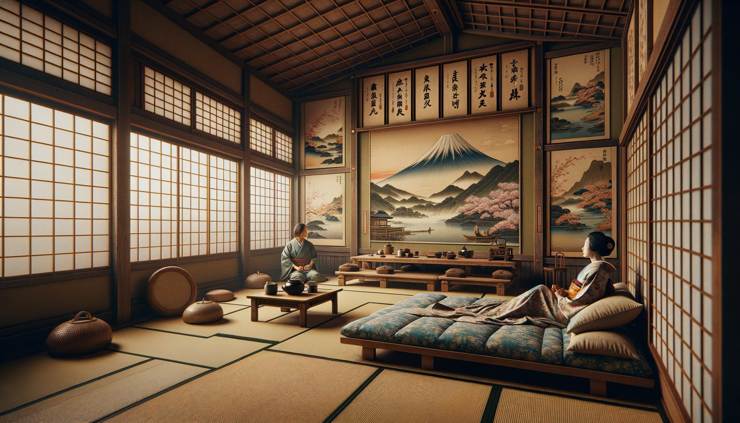 Intérieur d'une maison de convalescence japonaise de l'époque Edo ornée d'estampes ukiyo-e apaisantes aux motifs naturels