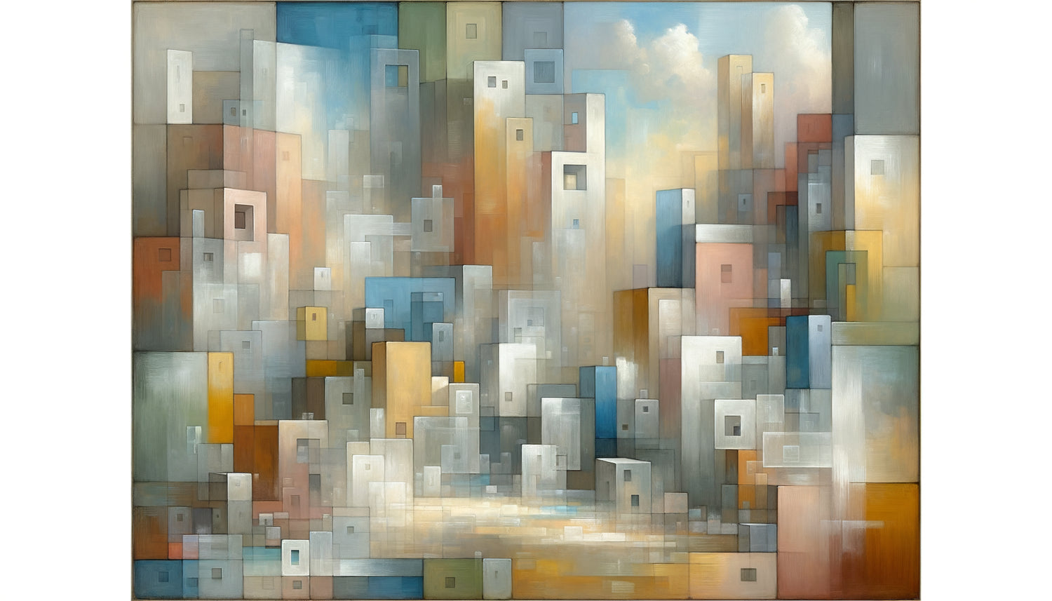 Abstraction lyrique dans le style d'Esteban Vicente avec formes géométriques douces, couches translucides et palette restreinte harmonieuse