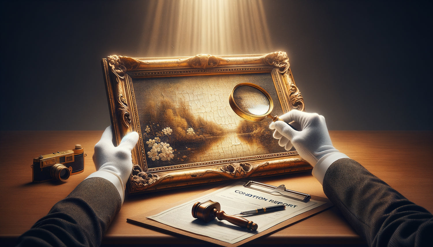 Expert examinant la signature d'un tableau vintage avec loupe, évaluation professionnelle d'œuvre ancienne signée