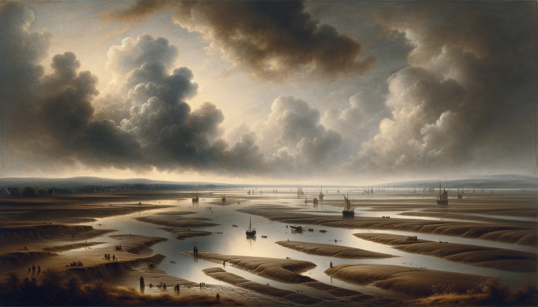 Peinture d'estuaire boueux du Siècle d'Or hollandais, tons gris-brun, ciel dramatique, style Jan van Goyen XVIIe siècle