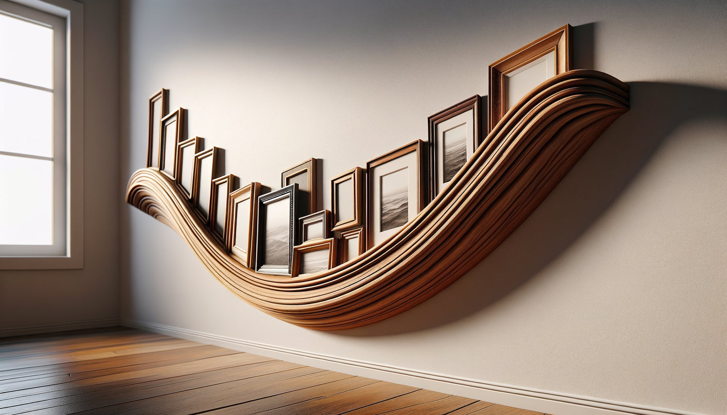 Étagère en bois courbée et affaissée sous le poids de multiples cadres photos alignés