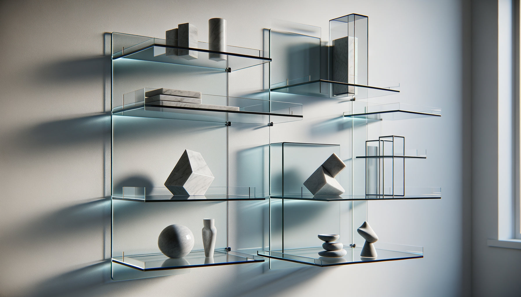 Étagères en verre trempé transparent supportant diverses sculptures contemporaines dans un intérieur moderne minimaliste