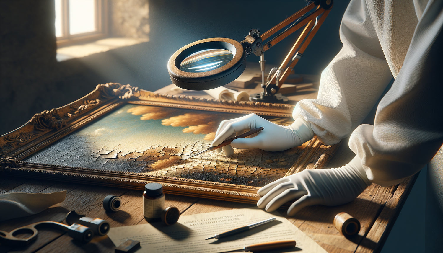 Expert en art examinant l'authenticité d'un tableau ancien avec loupe et lumière UV en laboratoire professionnel