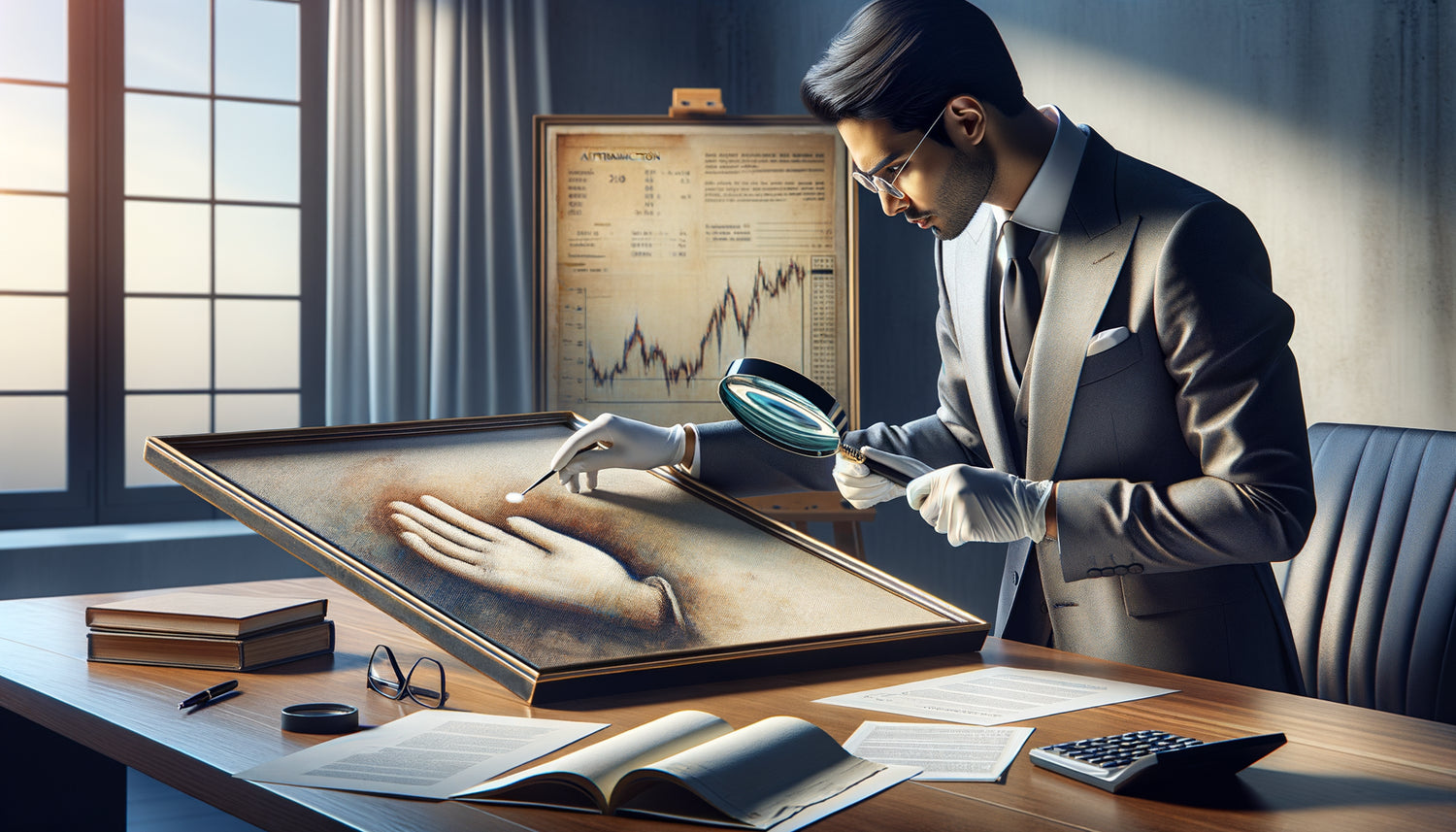 Expert évaluant une œuvre d'art contemporaine avec documents de provenance et analyses de cote pour cabinet professionnel