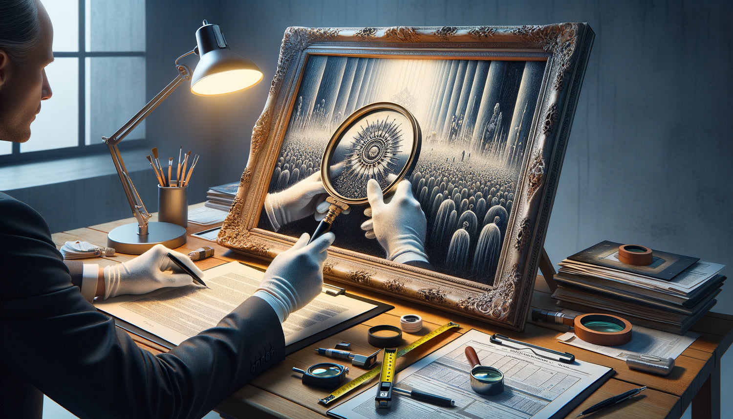 Expert en gants blancs examinant un tableau à la loupe pour en évaluer le prix et l'authenticité
