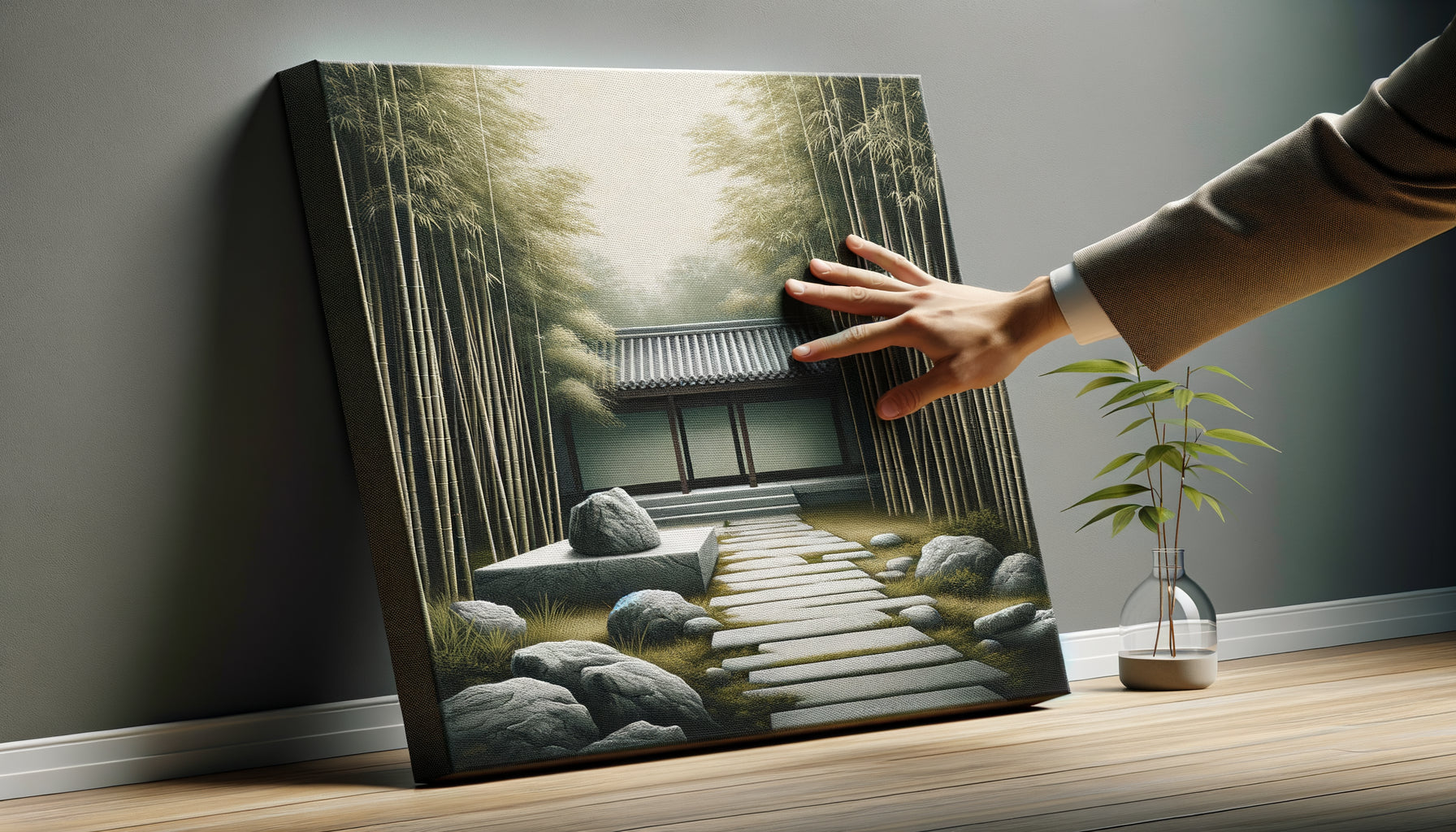 Inspection rapprochée d'un tableau zen de qualité professionnelle montrant les détails du support canvas et des finitions
