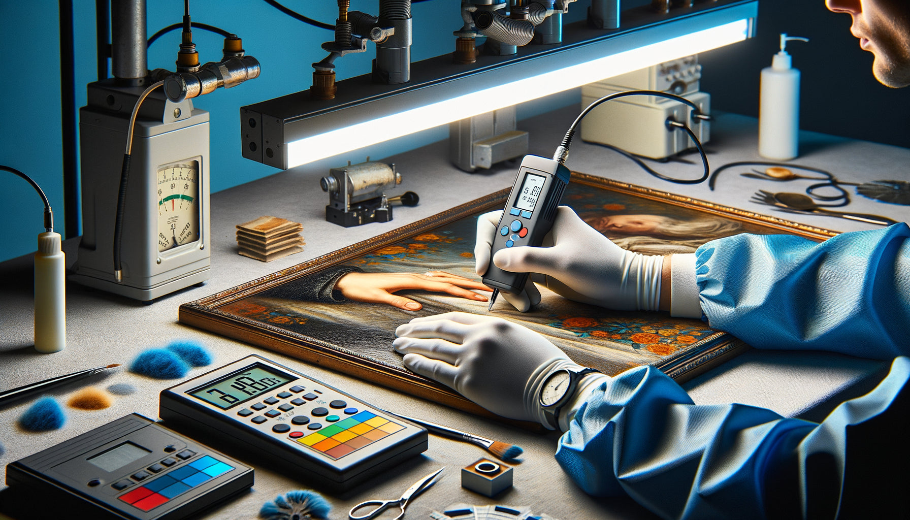 Évaluation professionnelle de la résistance des couleurs d'un tableau avec équipement de conservation et luxmètre en laboratoire de galerie