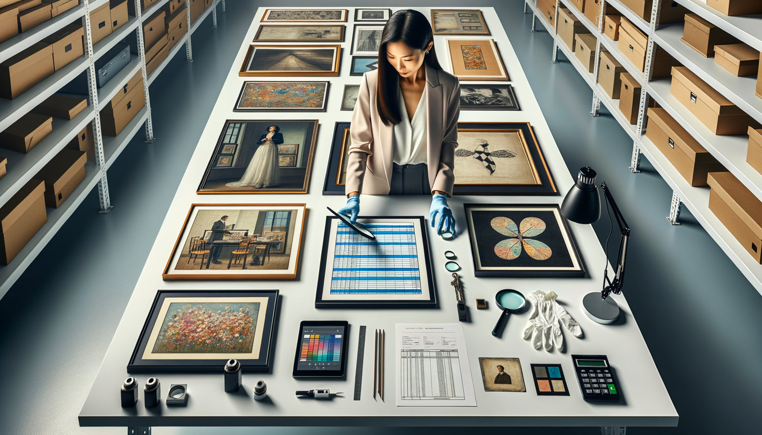 Expert évaluant une série d'œuvres d'art contemporaines sur table d'examen avec outils d'analyse professionnels