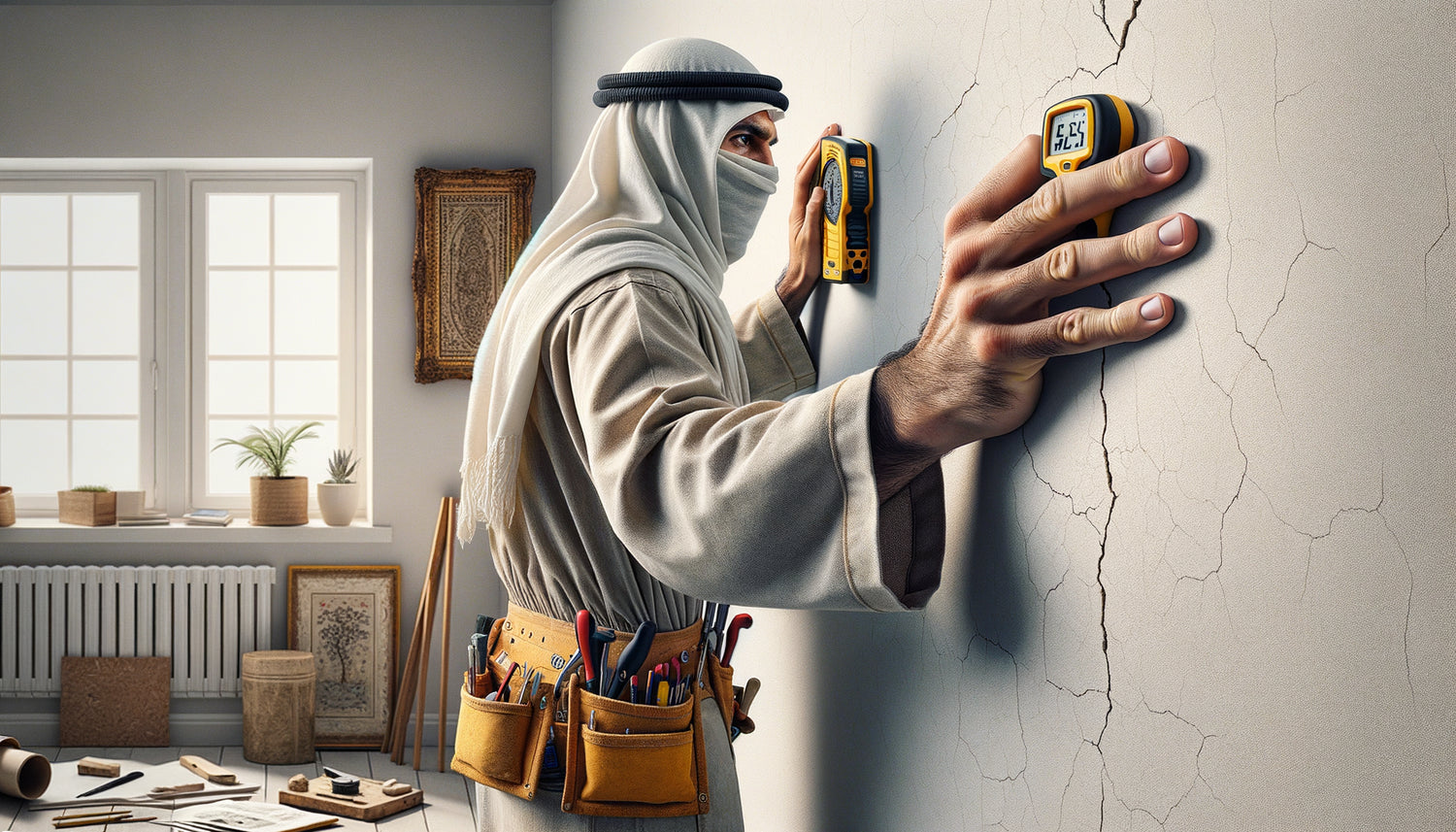 Professionnel testant la solidité d'un mur en plâtre avant accrochage de tableau lourd avec détecteur de montants