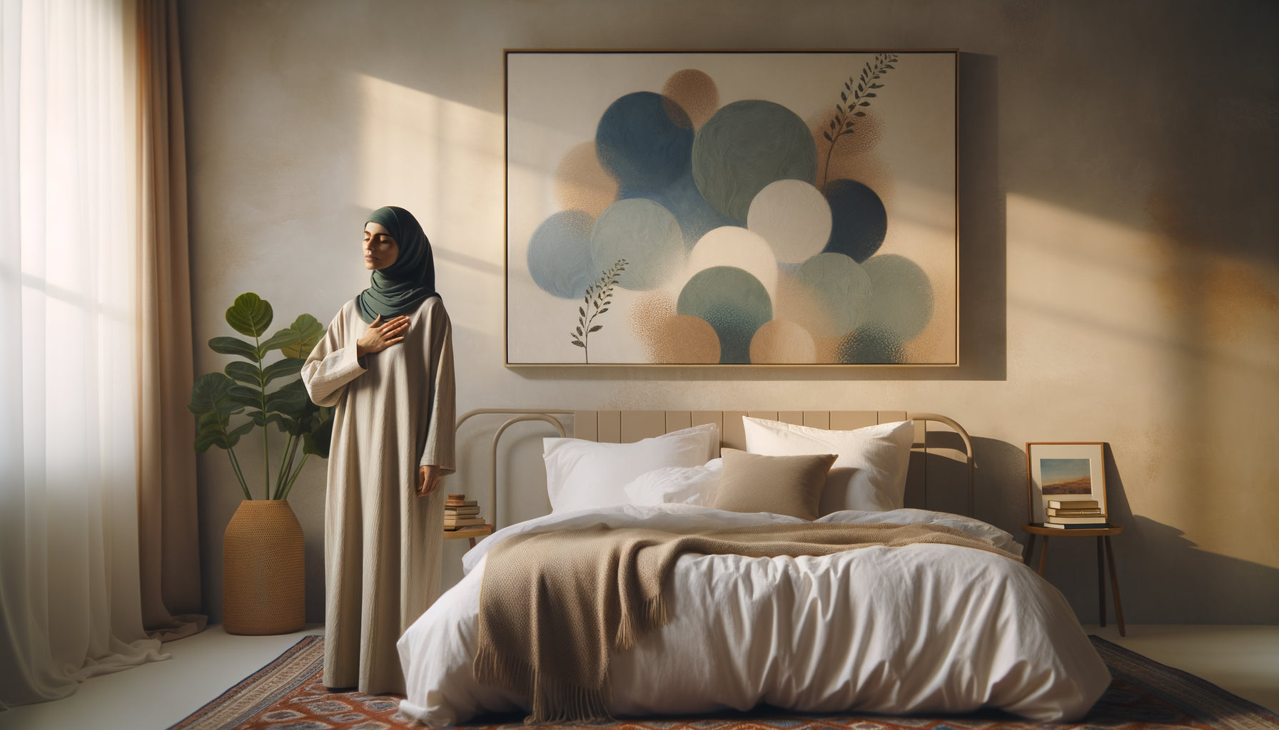 Femme contemplant intuitivement une œuvre abstraite apaisante dans une chambre minimaliste aux tons naturels