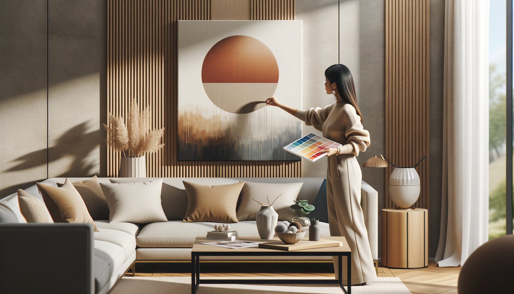 Femme testant l'harmonie d'un tableau avec sa décoration intérieure contemporaine aux tons neutres