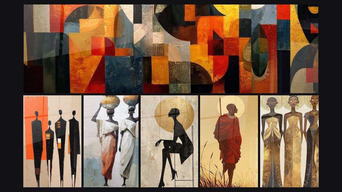 Mosaico di sei quadri, tra cui D'arte astratta geometrica, Sagome africane di e Donne Portatrici d'Acqua