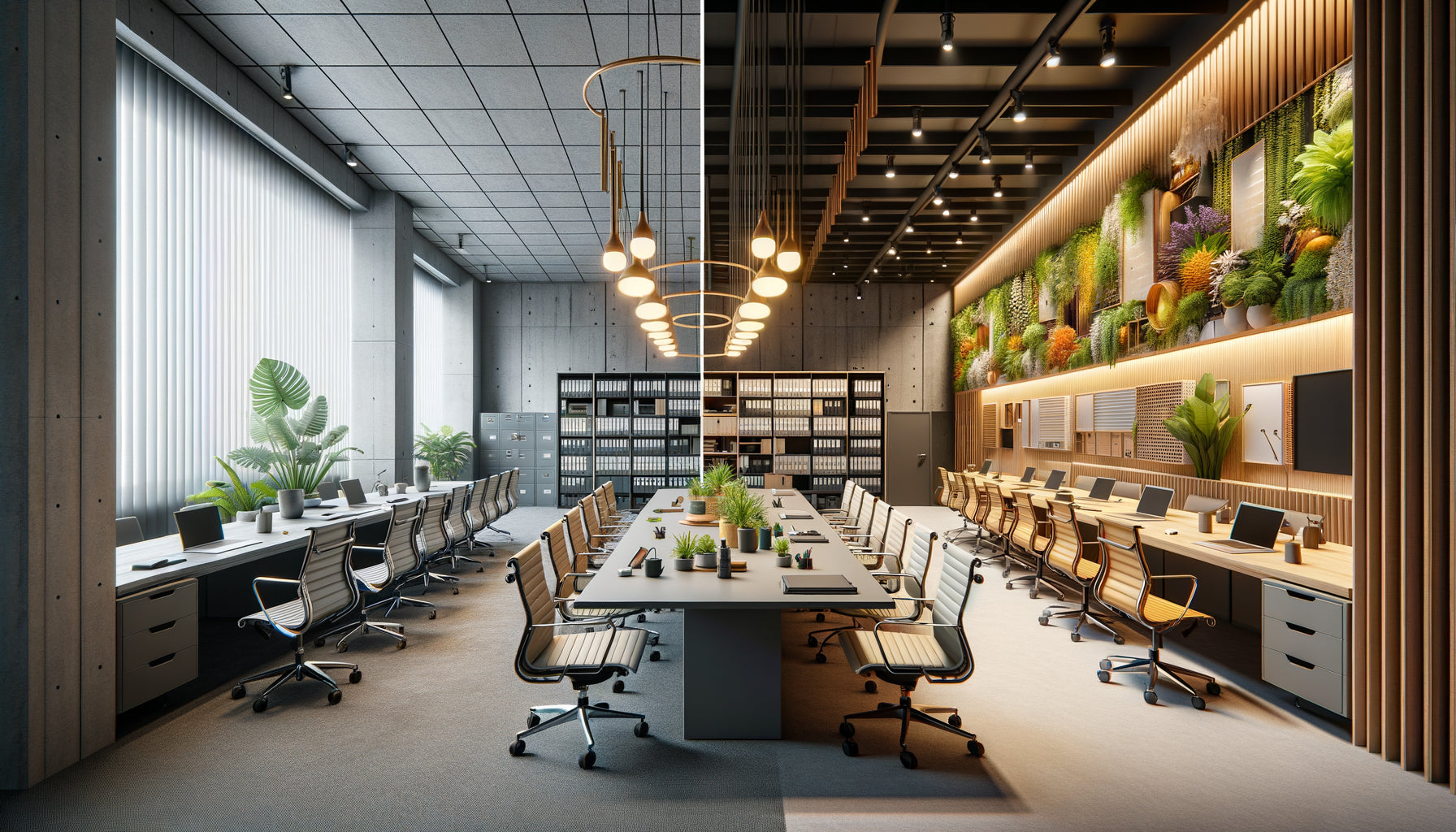 Comparaison visuelle entre une salle de réunion grise des années 1980 et un espace moderne inspirant et coloré