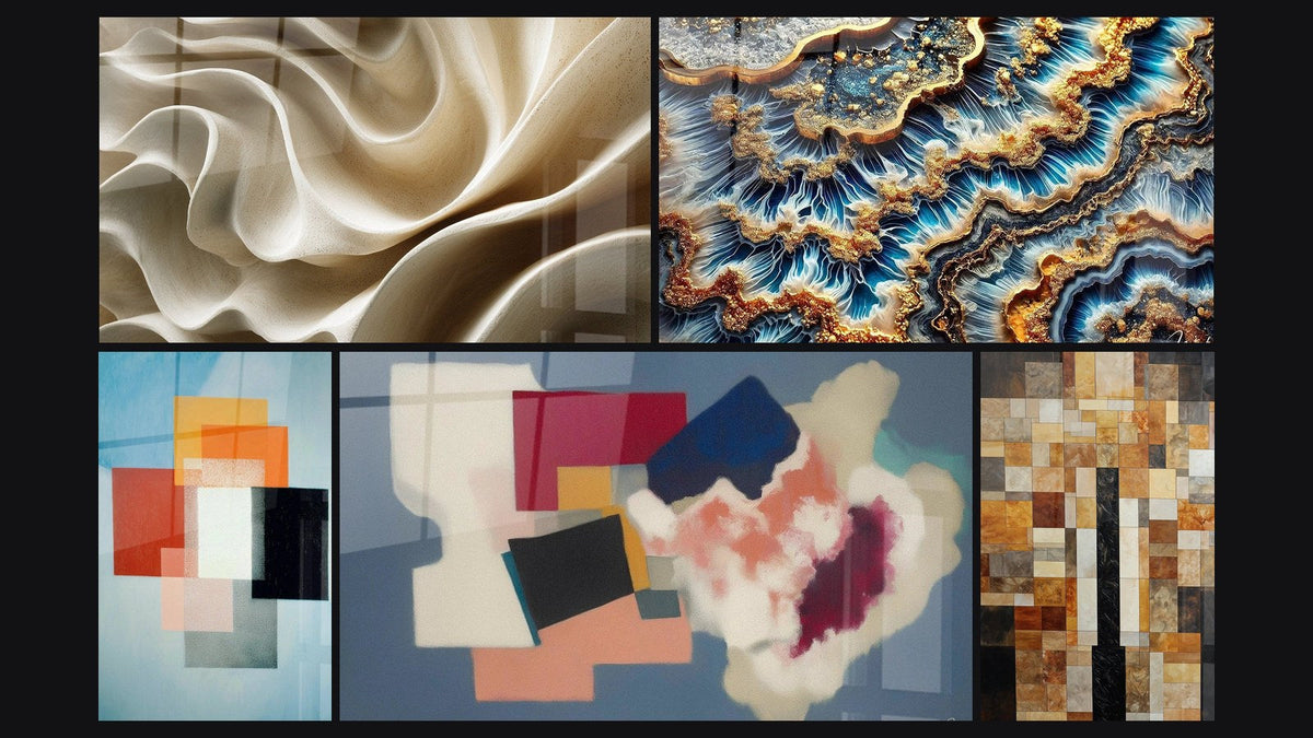 Mosaic of five paintings, including Geometric Shapes Functional Contrast, Golden Tide and Geometric Forms Square Poetry