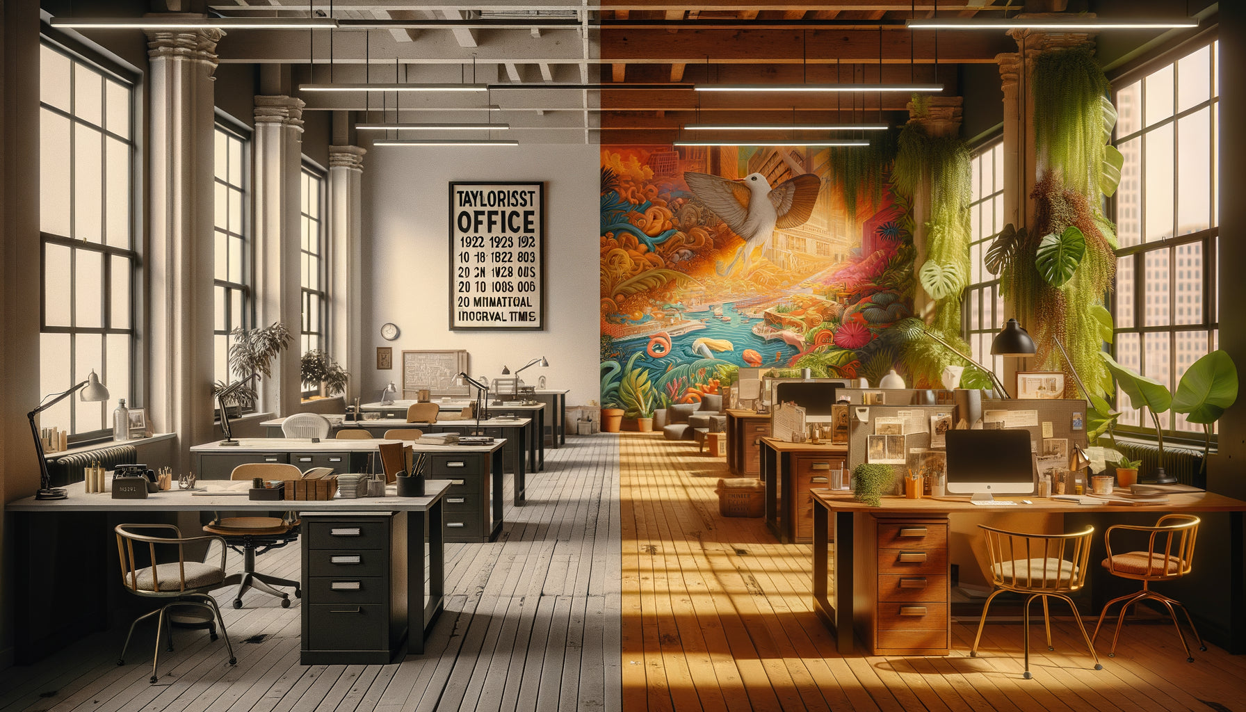 Évolution du tableau mural : bureau tayloriste austère années 1920 versus espace collaboratif contemporain avec fresque colorée