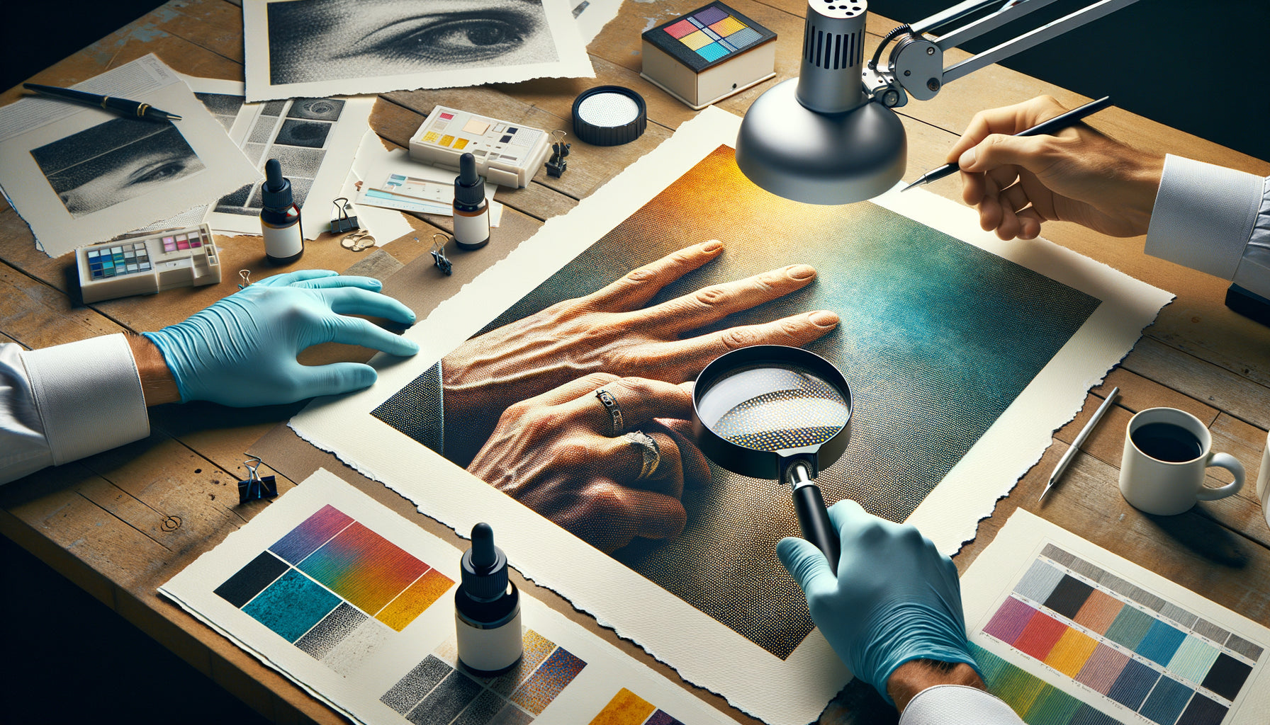 Examen professionnel à la loupe d'une impression giclée montrant la qualité du papier et des encres pigmentaires