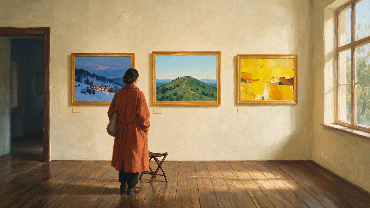 Une visiteuse de dos devant trois paysages accrochés dans une salle de musée
