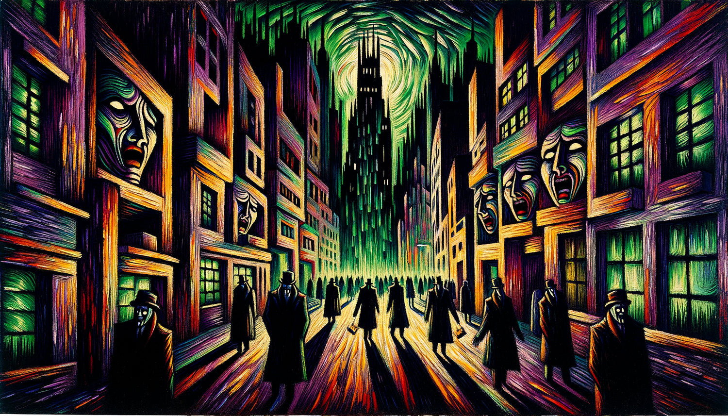 Peinture expressionniste allemande nocturne style Kirchner avec figures déformées, couleurs violentes et atmosphère angoissante typique des années 1910