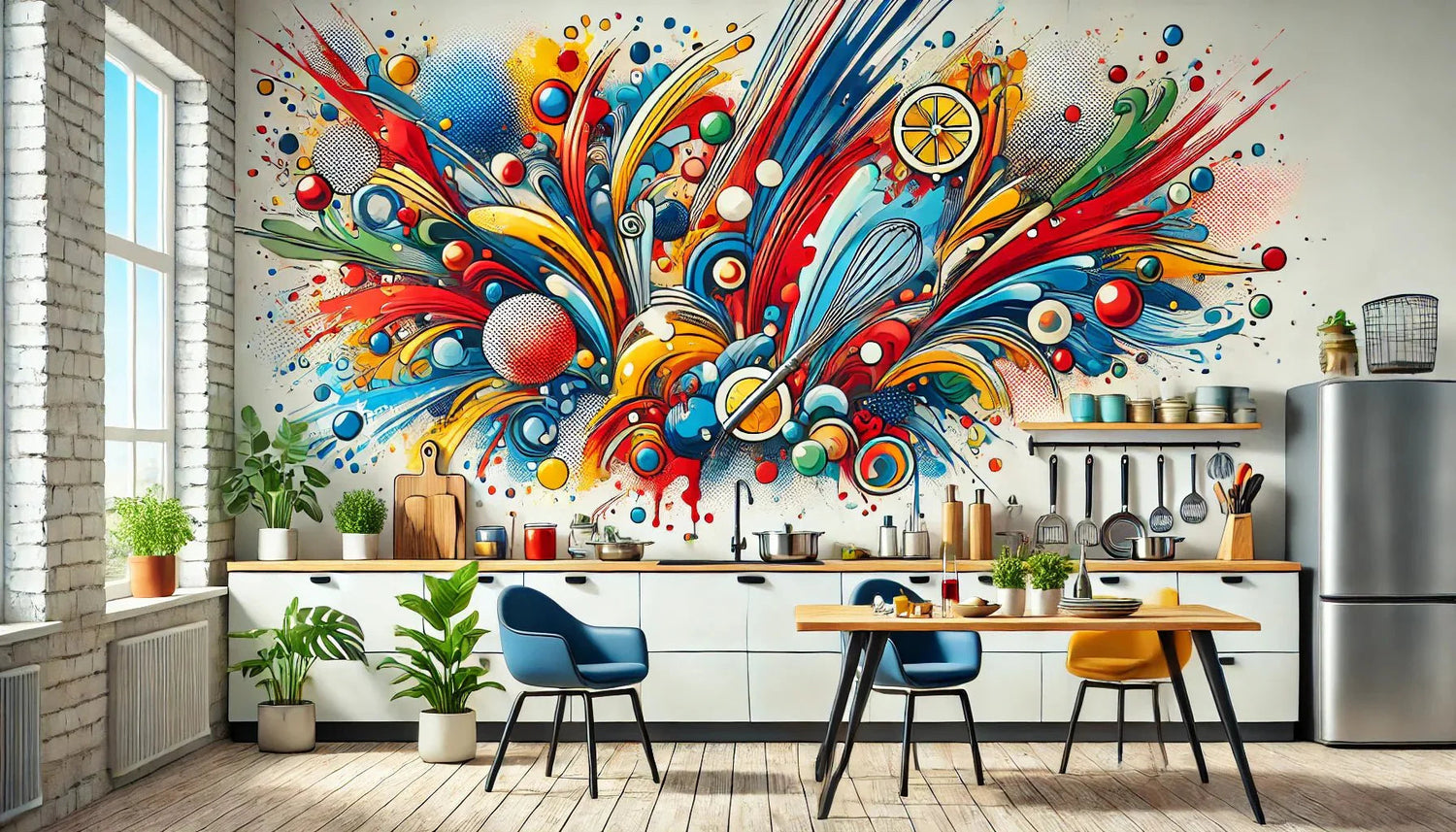 Tableau pop art abstrait aux couleurs vives dans une cuisine moderne, avec motifs géométriques et lignes colorées pour une décoration contemporaine."