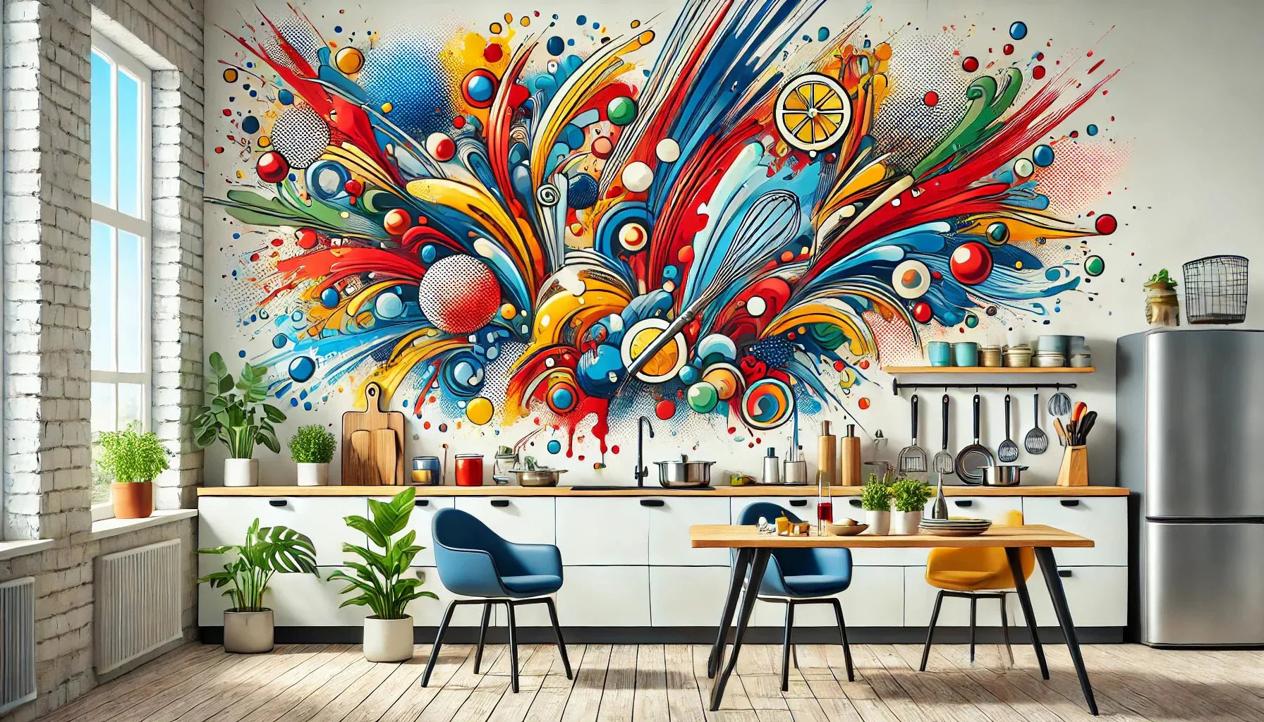 Tableau pop art abstrait aux couleurs vives dans une cuisine moderne, avec motifs géométriques et lignes colorées pour une décoration contemporaine."