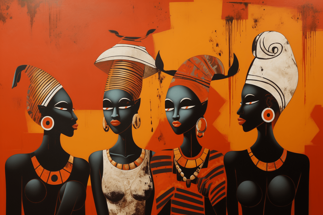 Œuvre artistique représentant des femmes africaines avec des coiffures traditionnelles sur fond orange