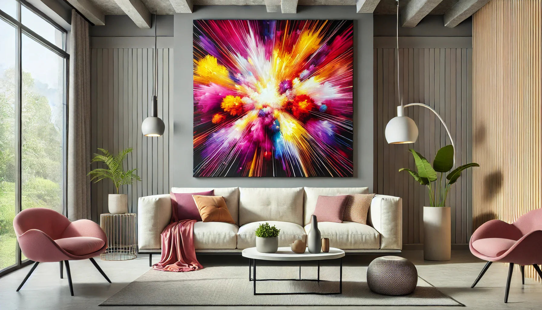 "Salon moderne minimaliste avec un tableau abstrait multicolore vibrant, accroché au-dessus d’un canapé gris, créant une ambiance artistique lumineuse."