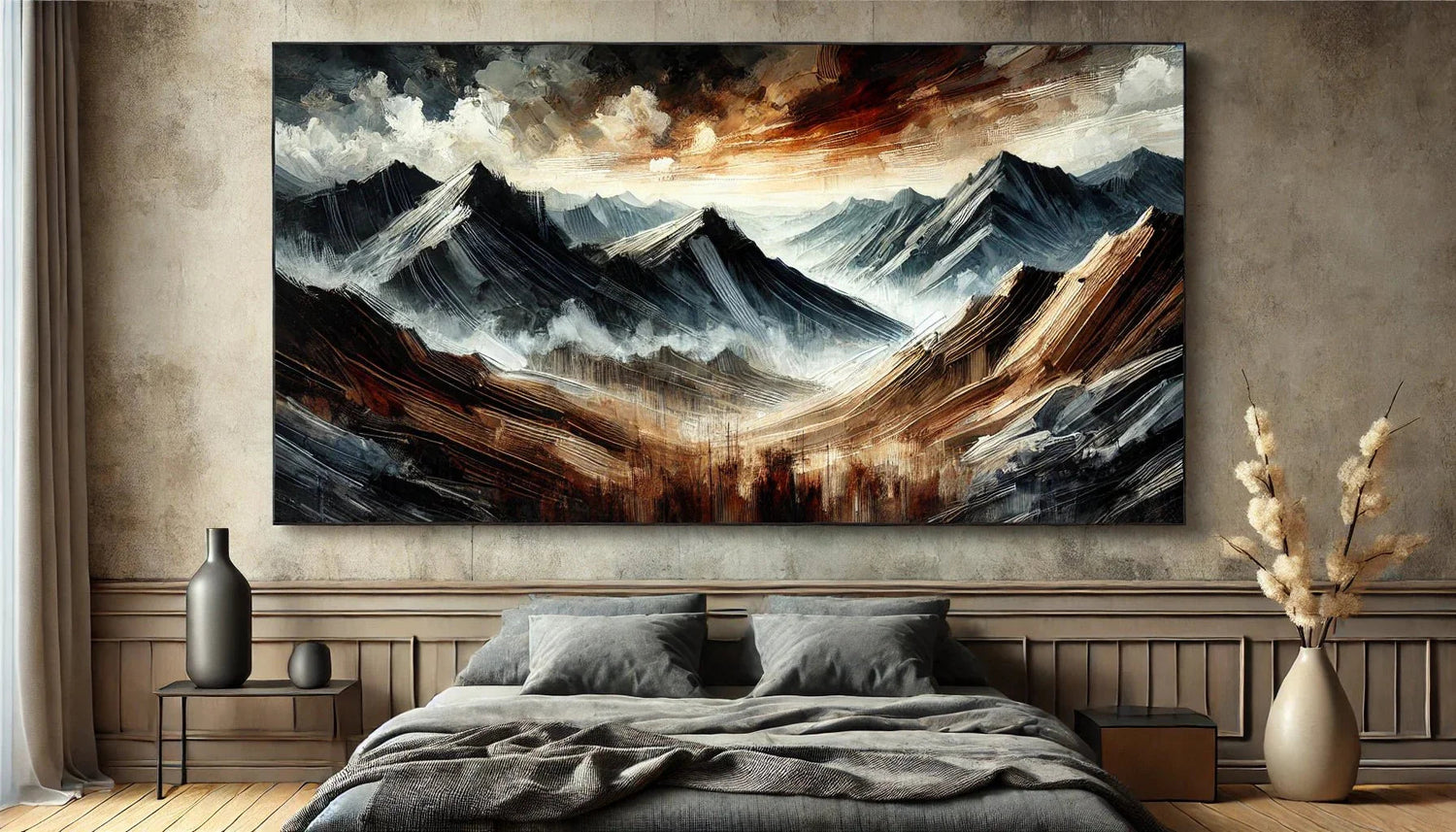 "Tableau abstrait de montagnes et tempête, aux teintes sombres de brun et gris, avec des accents lumineux, parfait pour un décor contemporain."