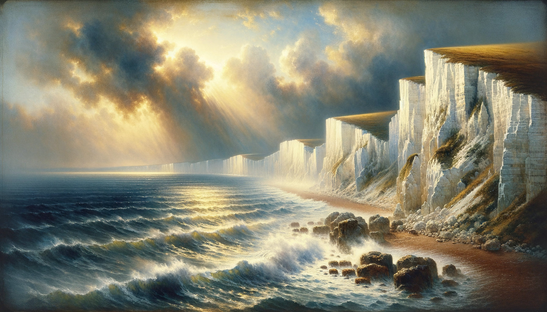 Falaises de craie anglaises en aquarelle style Turner, période romantique britannique 19ème siècle, lumière atmosphérique dramatique