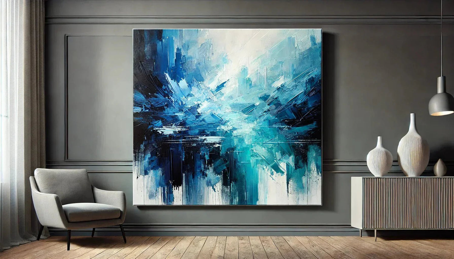 Un tableau abstrait bleu contemporain aux nuances de bleu captivantes, fusionnant harmonie et profondeur pour une décoration murale abstraite bleue élégante et moderne.