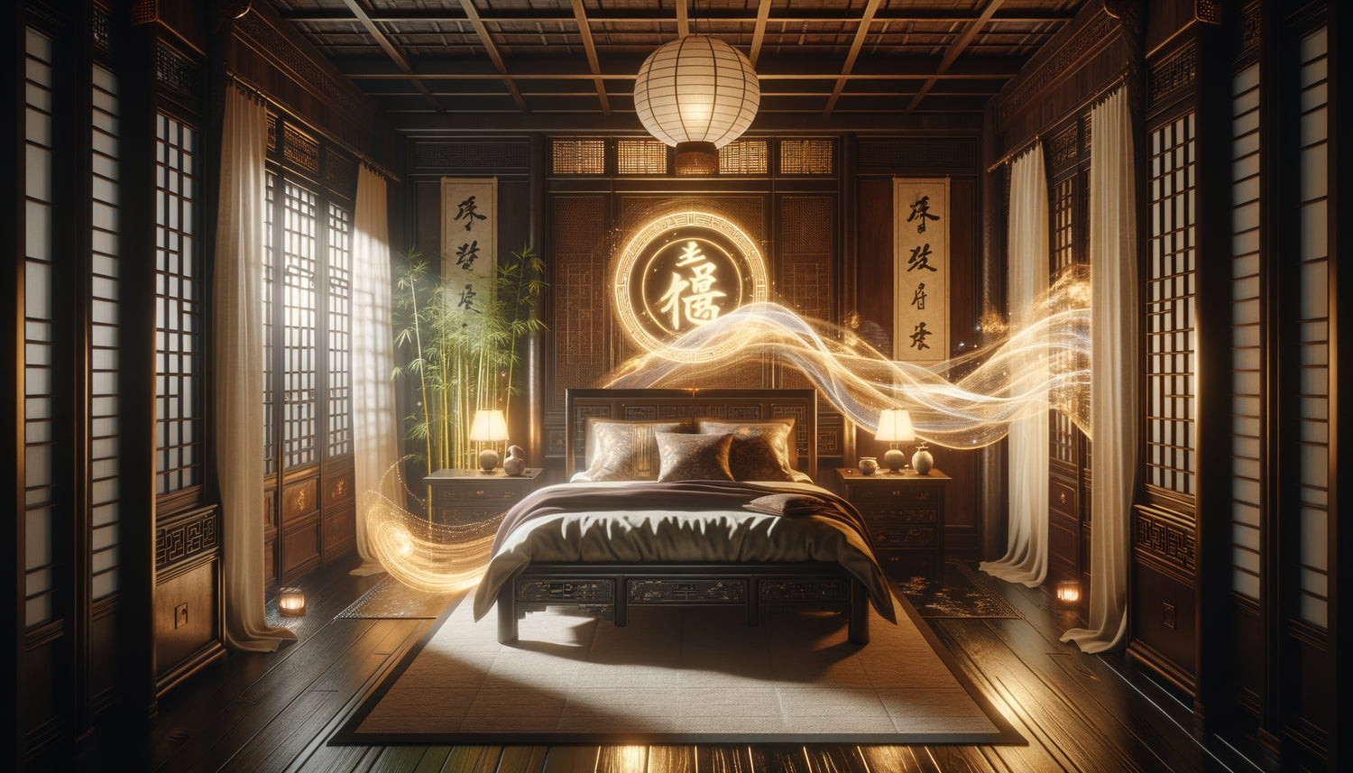 Chambre Feng Shui traditionnelle montrant les flux d'énergie Chi perturbés par un miroir réfléchissant