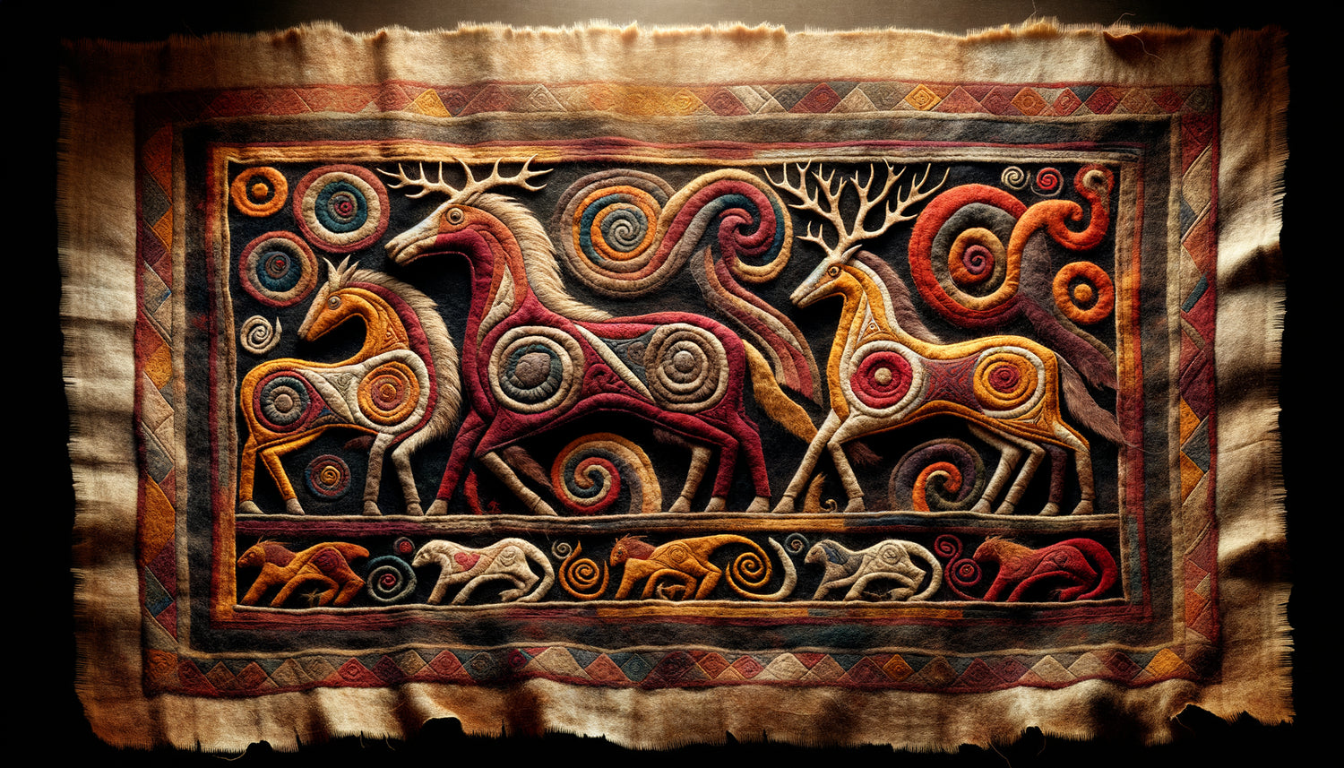 Feutre appliqué scythe antique de l'Altaï avec motifs animaliers stylisés aux couleurs vives préservées depuis 2500 ans